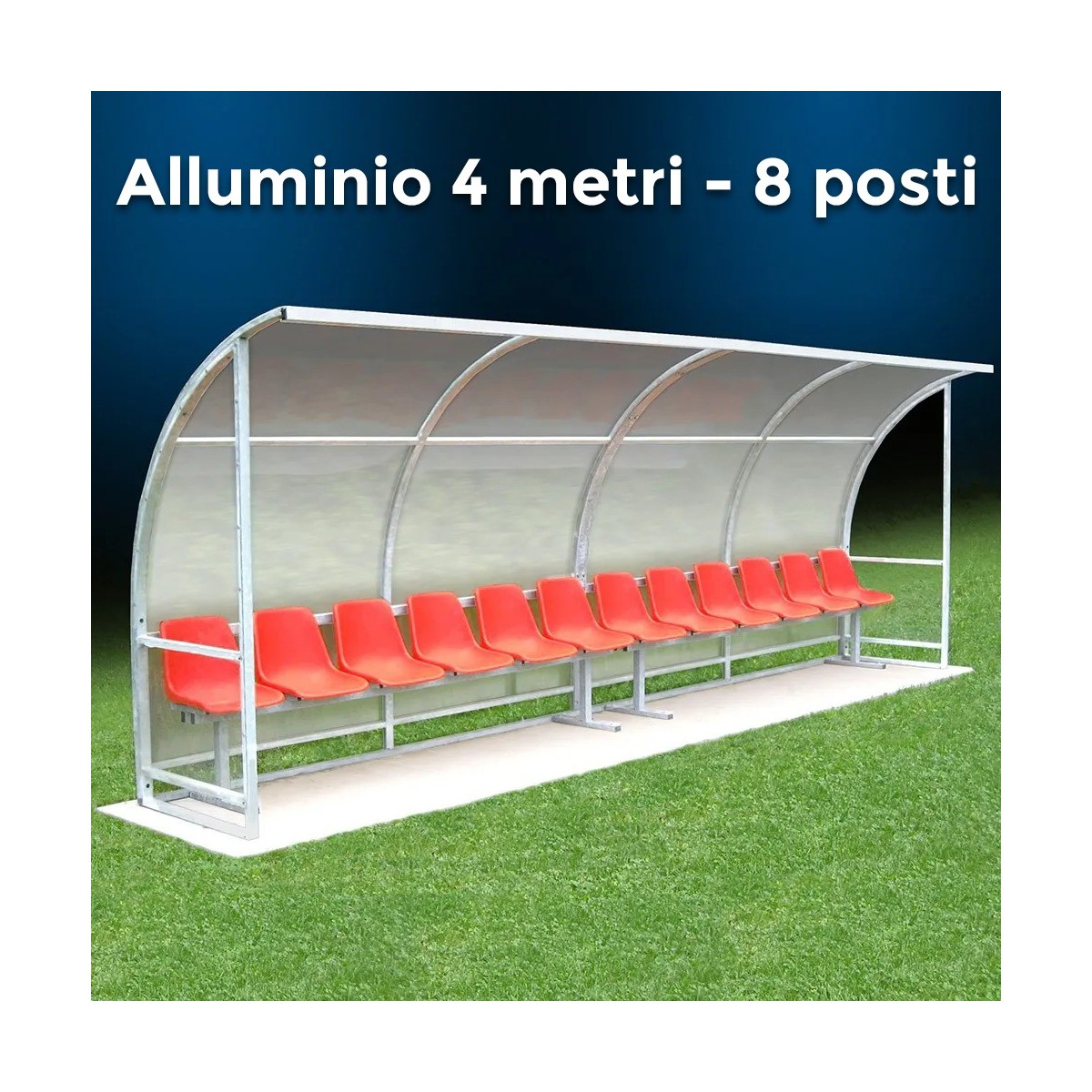 panchina campi calcio con tetto curvo, 8 posti