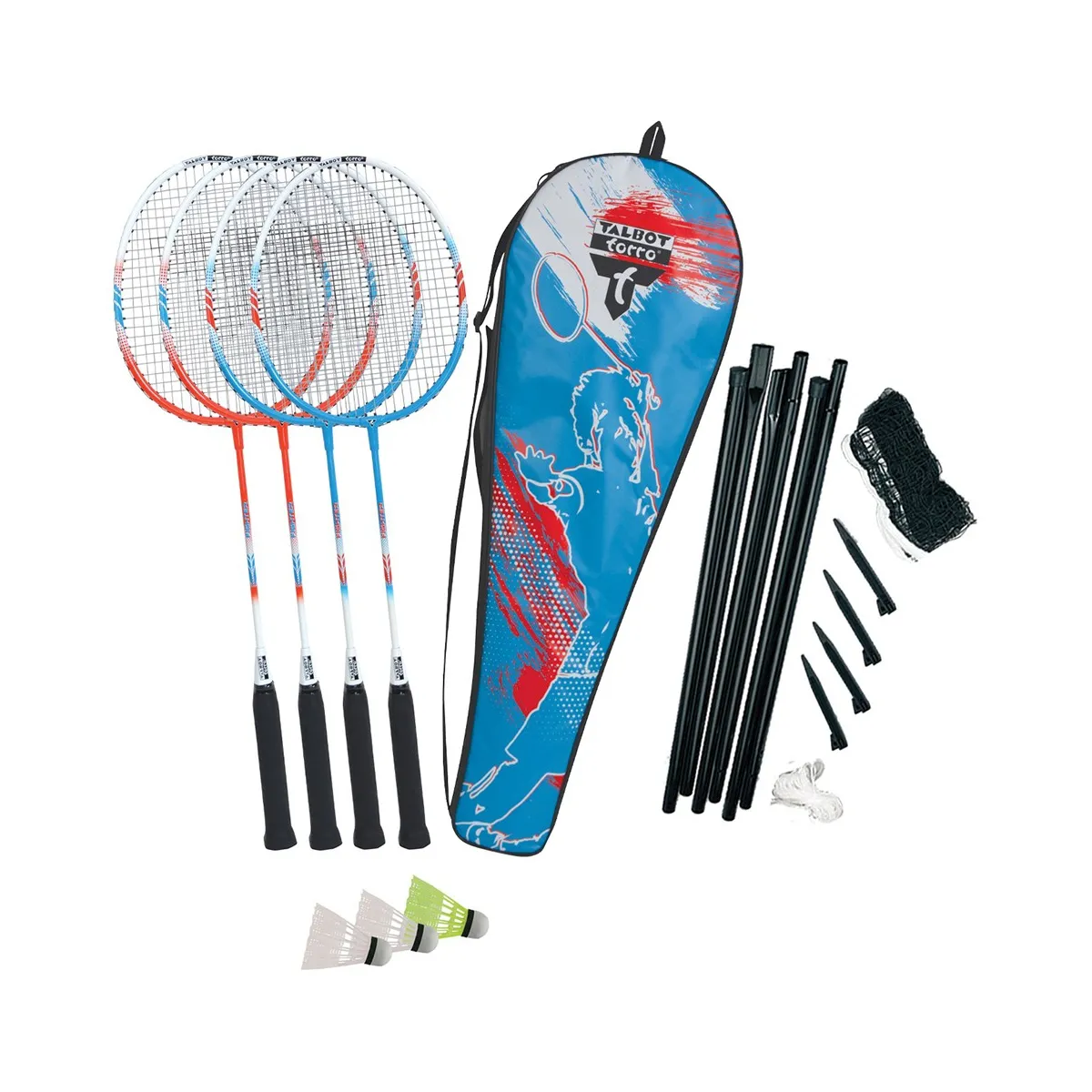 Set 4 racchette badminton Torro Fighter con rete, volani e borsa