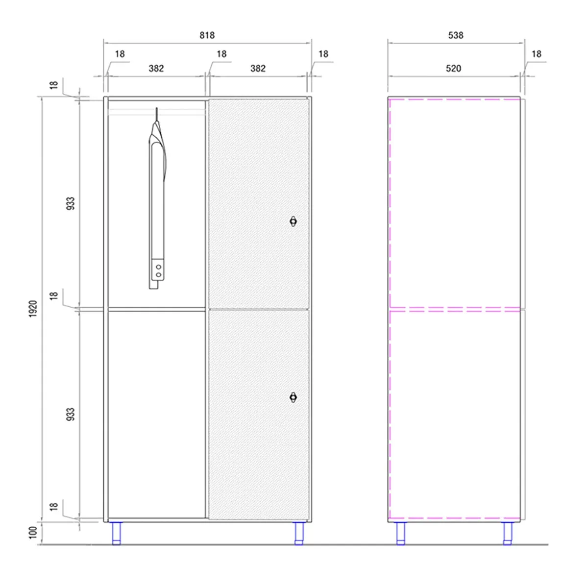 Disegno tecnico armadio spogliatoio con 4 ante