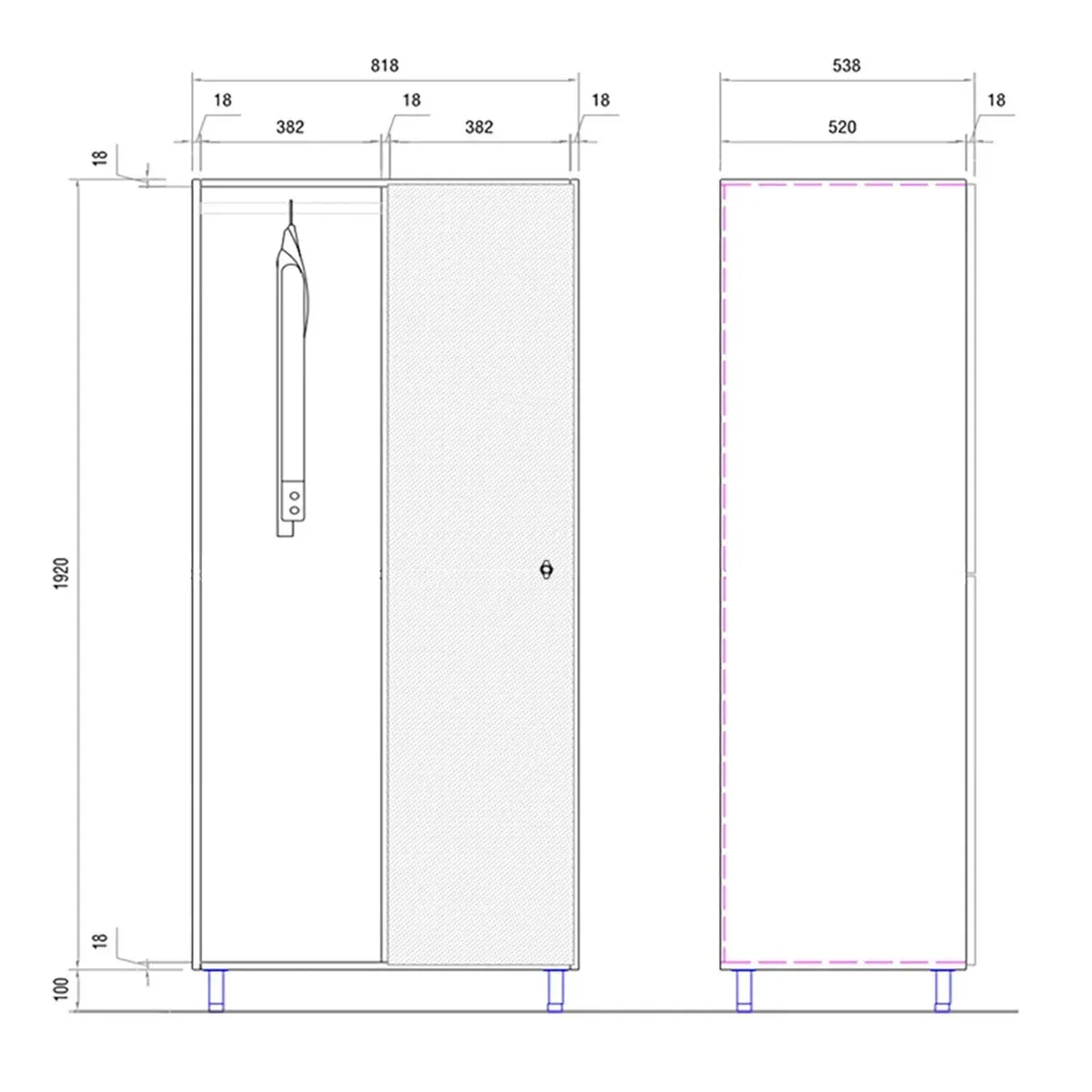 Disegno tecnico armadio spogliatoio con 2 ante