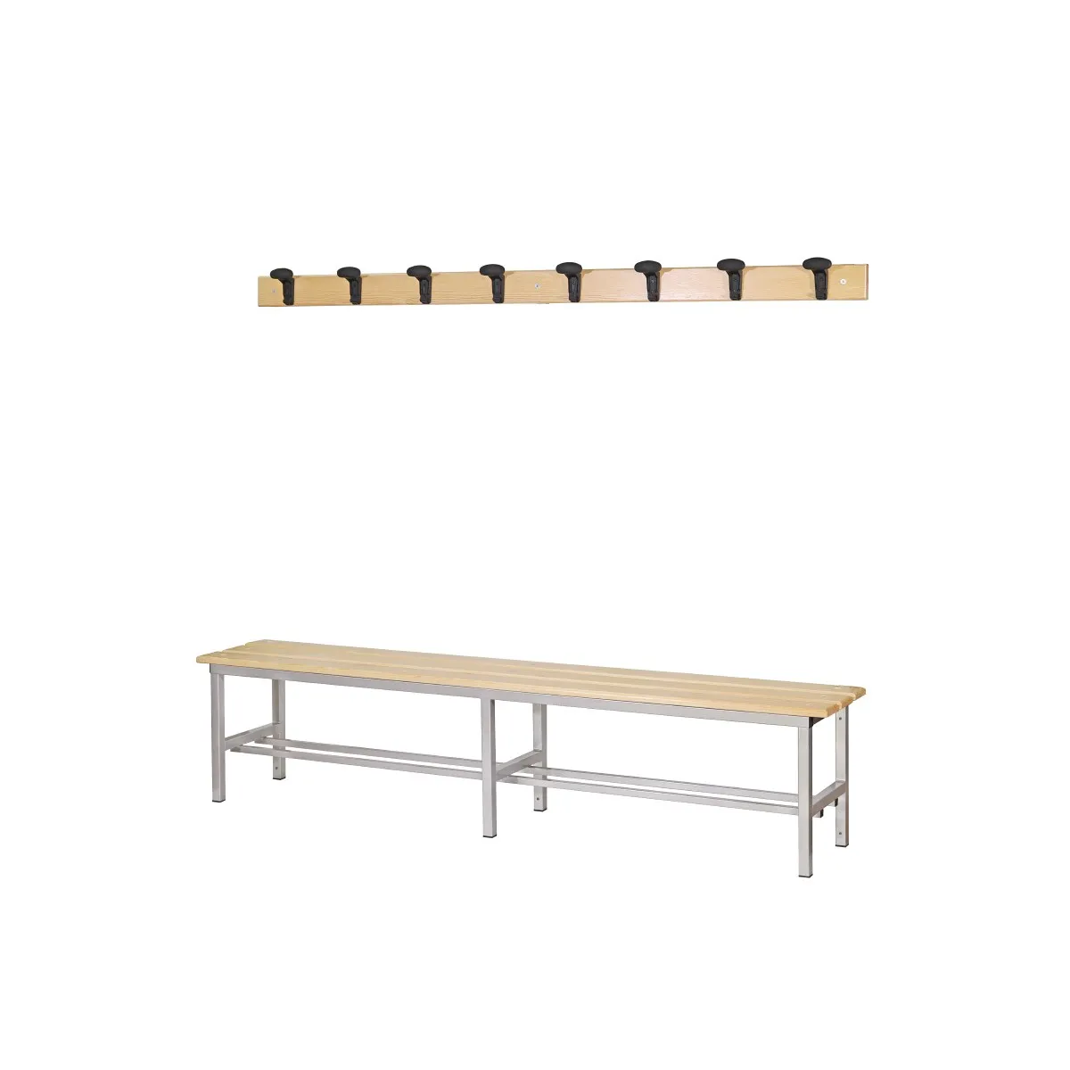 Panchina Spogliatoio in Alluminio 200 cm con appendiabiti a parete, colore grigio metallizzato