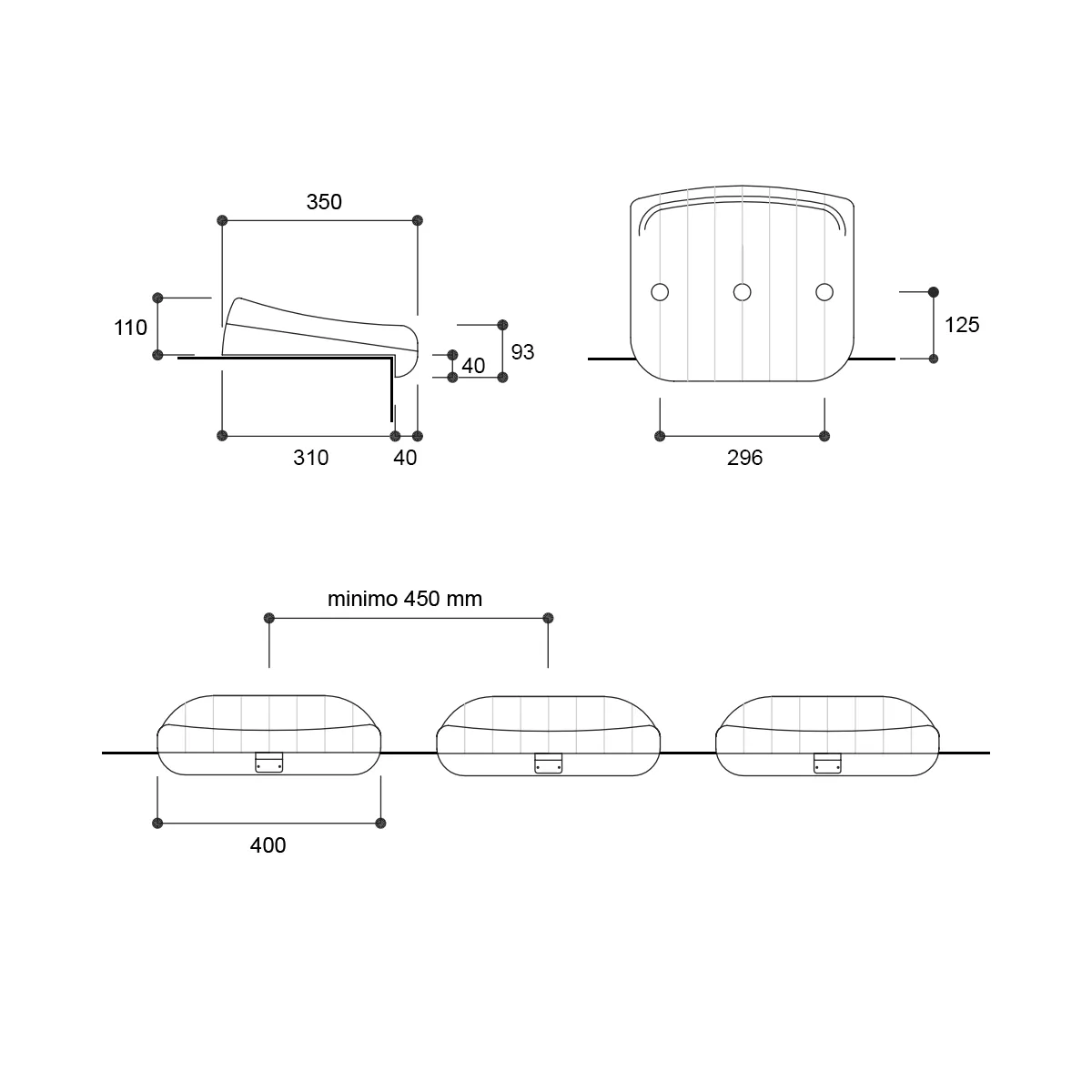 Sedile per tribuna, senza schienale, misure