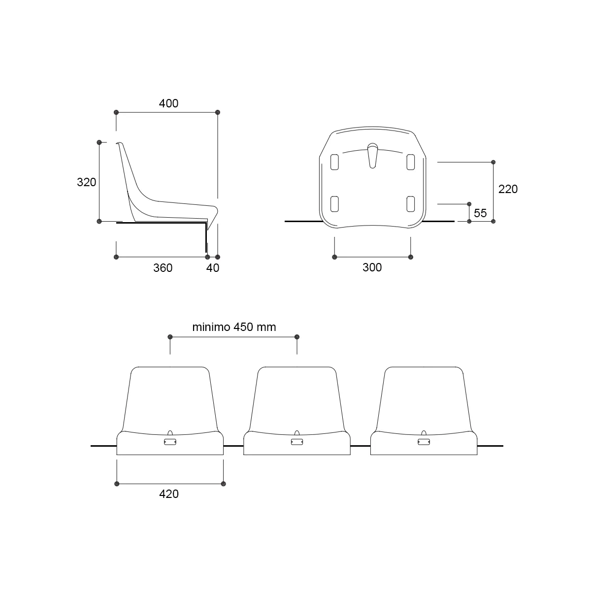 Sedile per tribuna, con schienale alto, non ignifugo